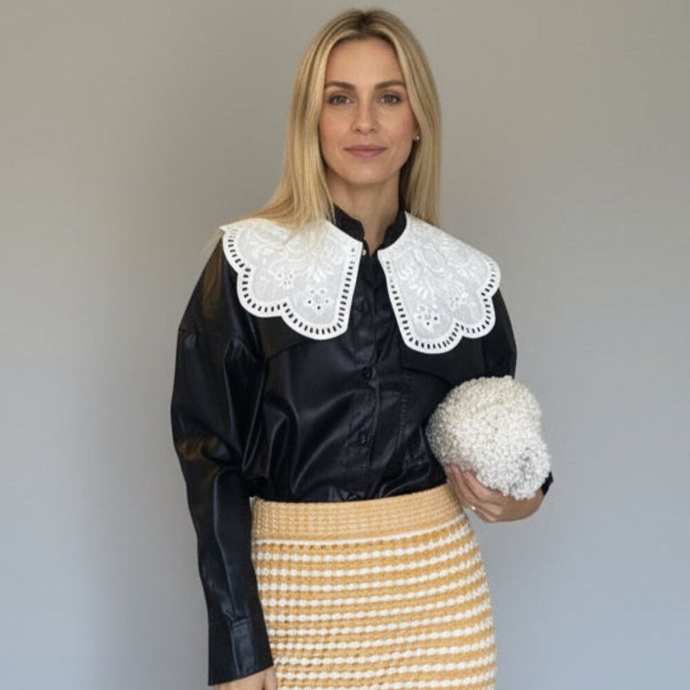 TIBI Faux Leather Long Sleeve Button-Up Top